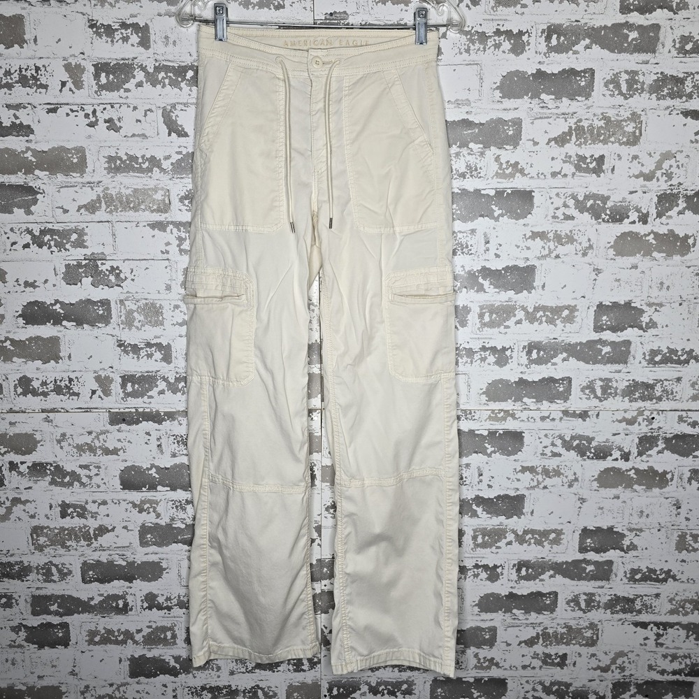 American Eagle Cargo Pants Womens 00 Beige Baggy Wide Leg Stretch Relaxed Grunge